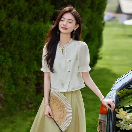 时尚气质国风刺绣短袖衬衫女士2024年夏季新款温柔淑女显瘦上衣商品大图