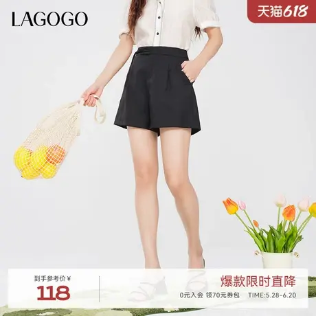 LAGOGO新中式盘扣黑色短款休闲裤女拉谷谷夏季新款百搭高腰阔腿裤商品大图