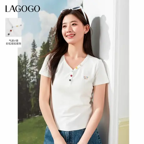 LAGOGO彩色纽扣V领元气T恤女拉谷谷2025年夏季新款修身显瘦短袖商品大图
