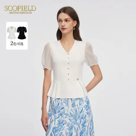 Scofield女装复古优雅V领泡泡袖收腰短袖针织衫T恤夏季上衣图片