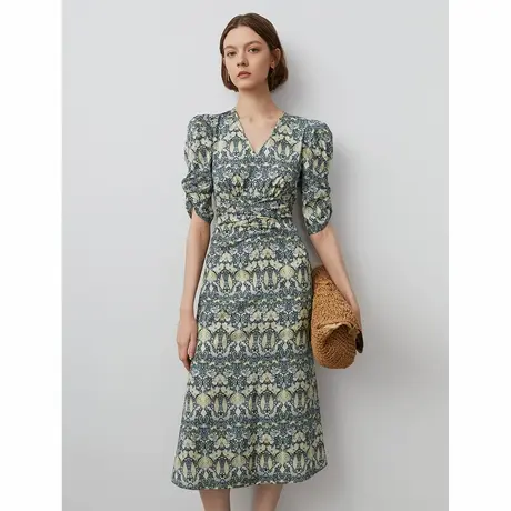 朗姿复古花卉印花泡泡袖连衣裙春秋新款小众设计感V领短袖长裙子图片