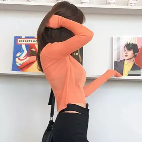 橙色短款爵士舞服装女团jazz风格舞蹈上衣长袖宽松跳舞练功服t恤图片