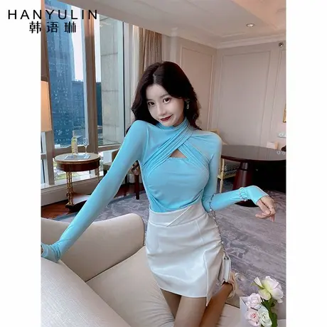 韩语琳上衣套装女秋季年新款韩版蓝色T恤高腰修身短裙两件套商品大图