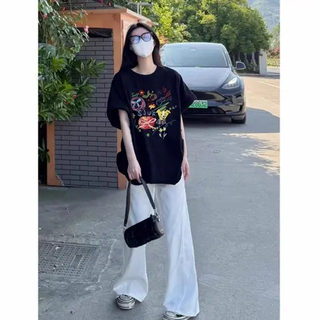 黑色趣味涂鸦短袖t恤女2025新款夏季落肩宽松韩版慵懒风纯棉上衣商品大图
