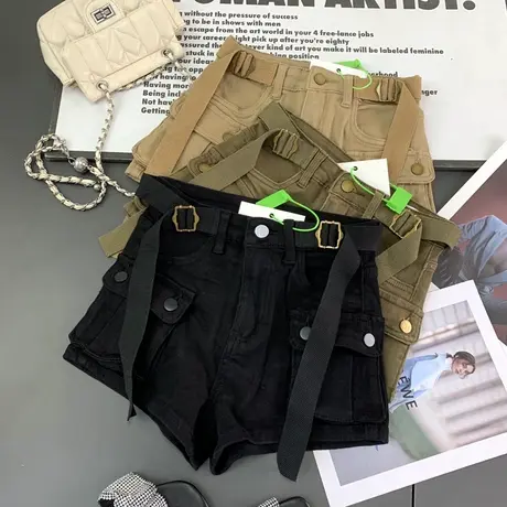 韩版口袋绑带牛仔工装短裤女2024春夏新款显瘦百搭高腰弹力包臀裤图片