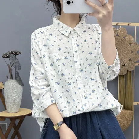 夏季韩版文艺小蓝花双层棉纱中袖衬衫女士宽松休闲百搭七分袖上衣商品大图