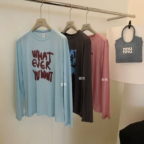 懒人福音字母涂鸦韩版宽松休闲长袖t恤女轻薄百搭防晒罩衫上衣女商品大图