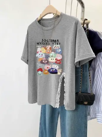 美式短袖T恤女胖mm大码复古不规则开叉闺蜜装ins遮肚正肩夏季上衣商品大图