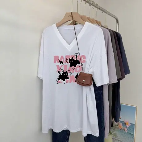超火cec大码V领短袖T恤女洋气小个子高街慵懒风情侣白色上衣ins潮商品大图