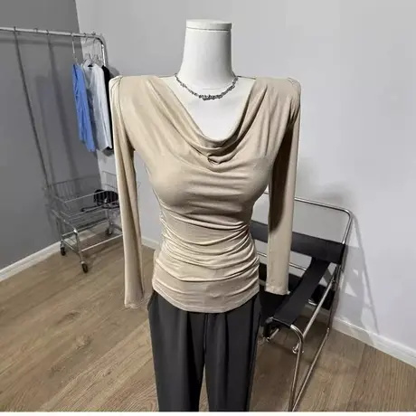 气质挂～ 荡领褶皱长袖T恤修身打底衫上衣女装图片