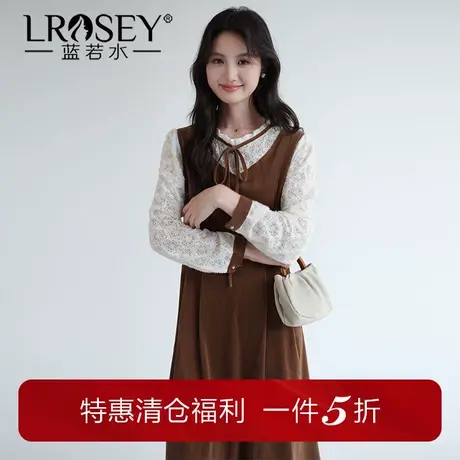 蓝若水大码女装蕾丝拼接灯芯绒假两件连衣裙胖mm秋新款收腰连衣裙图片