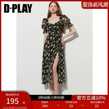 DPLAY夏温柔法式暗夜印象花园不对称荷叶边葫芦袖雪纺度假裙商品大图