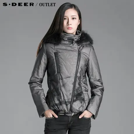 sdeer圣迪奥女装2017冬装 朦胧印花斜襟连帽毛领棉衣S12482335图片
