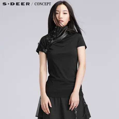 sdeer圣迪奥纯黑酷感皮质装饰女装短款修身t恤S16280129图片