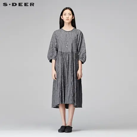 sdeer圣迪奥2019冬装优雅气质灰色印花灯笼袖长款连衣裙S17481224图片