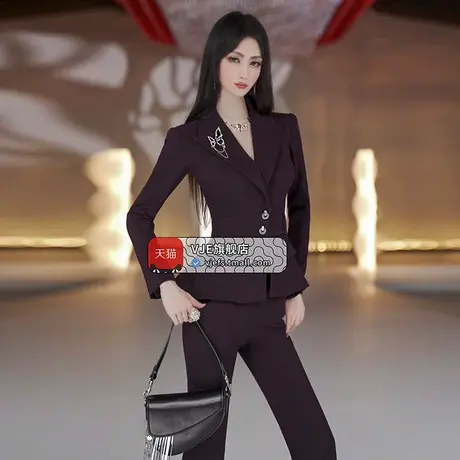 VJE秋季职业西服套装新款气质修身裙摆上衣高腰喇叭裤两件套商品大图