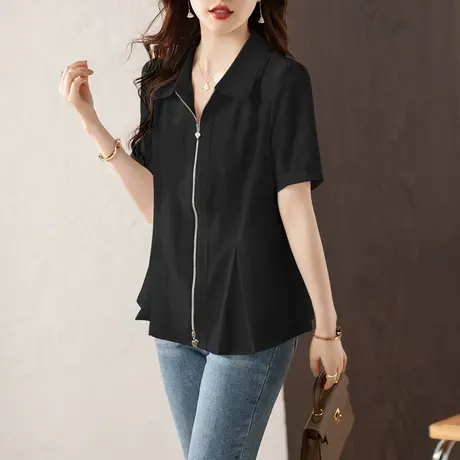 拉链款黑色翻领女士衬衫短袖夏装宽松洋气别致小衫高级感女上衣夏图片