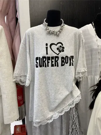 2024夏季新款韩版时尚ins潮甜美小众拼接蕾丝衫字母短袖T恤女上衣商品大图