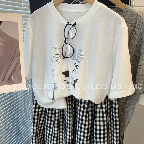 凉感薄款T 韩国东大门彩色卡通印花宽松米白色短袖T恤女夏雪花棉T图片