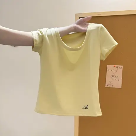 chic甜辣字母刺绣短袖T恤女夏季修身韩版正肩U领纯欲性感半袖上衣商品大图