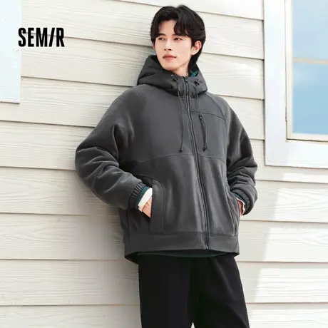 [商场同款]森马夹克男毛绒外套2024冬季新款宽松连帽棉服潮流拼接图片