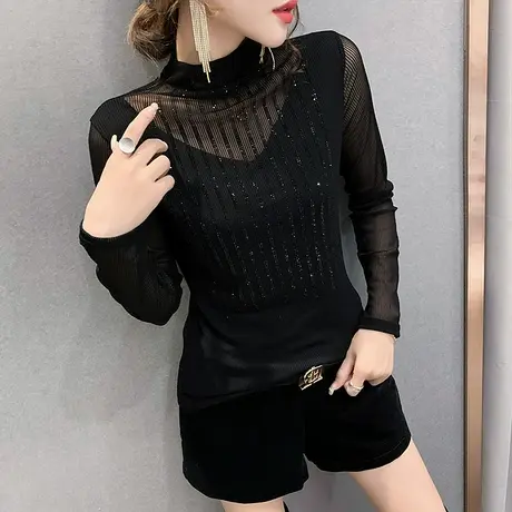 半高领内搭打底衫女春装烫钻加绒T恤女长袖修身洋气上衣网纱小衫图片
