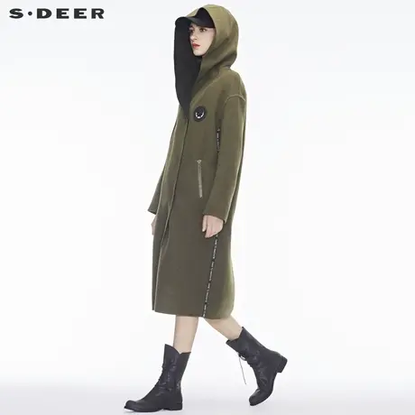 sdeer圣迪奥2018秋冬新款撞色字母印花贴布连帽毛呢大衣S18481891📱商品大图