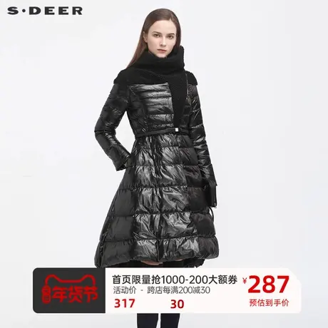 sdeer圣迪奥女装时尚不规则拼接收腰长款羽绒服S20482419✉商品大图