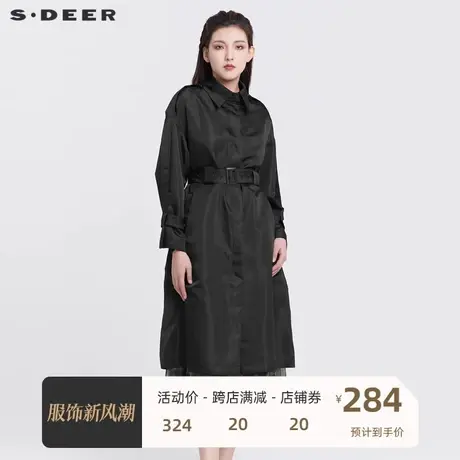 sdeer圣迪奥女装翻领收腰直筒黑色长款风衣S22161806🚊商品大图