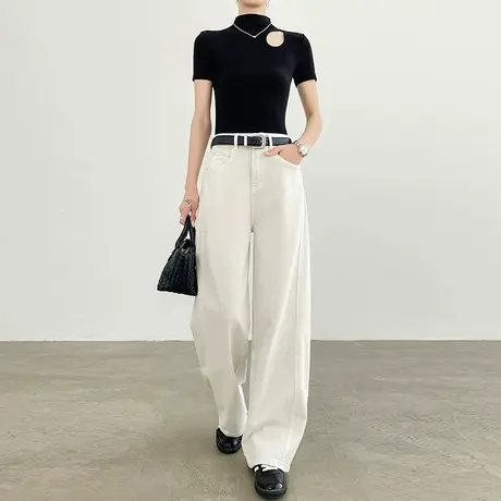 白色莱赛尔天丝棉阔腿牛仔裤女夏季薄款高腰宽松显瘦垂感直筒长裤商品大图