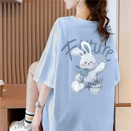 奶蓝色短袖t恤女2024新款欧货大码女装夏季宽松卡通纯棉胖mm上衣图片