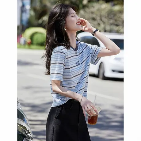 时尚短袖T恤2025年夏季新款女条纹百搭减龄通勤街头风套头上衣商品大图