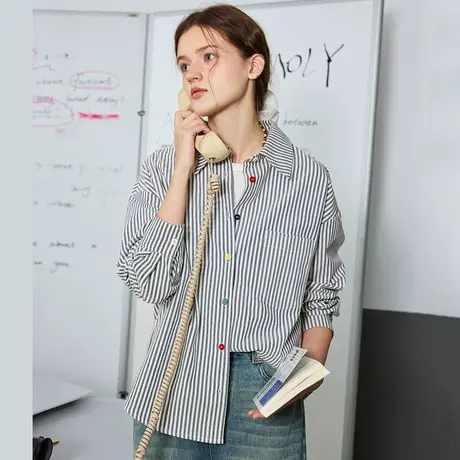 a02条纹设计感纽扣撞色通勤衬衣2025春季宽松显瘦时尚女式衬衫商品大图