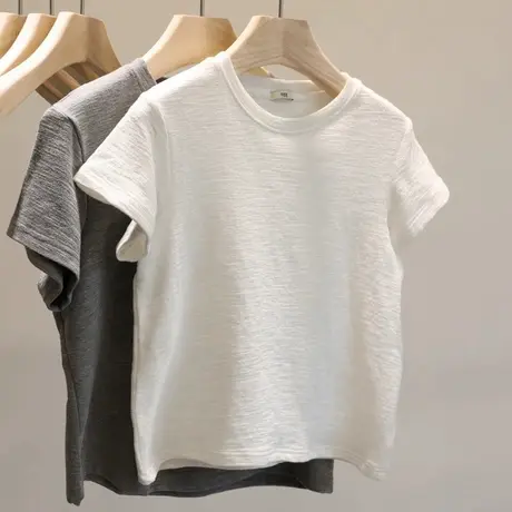 白色正肩短袖T恤女夏季修身韩版打底衫内搭肌理褶皱感短款上衣服商品大图