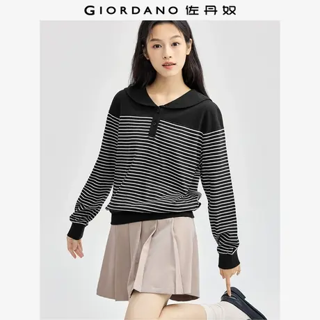 佐丹奴T恤女装纯棉条纹海军领半开胸针织长袖T恤 13324716商品大图