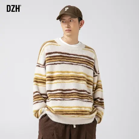 男生美式条纹圆领毛衣男款高级感2023新款秋冬复古上衣慵懒针织衫商品大图