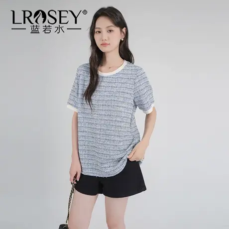 蓝若水大码女装2025夏季新品小香风混纺撞边T恤胖MM气质宽松上衣商品大图