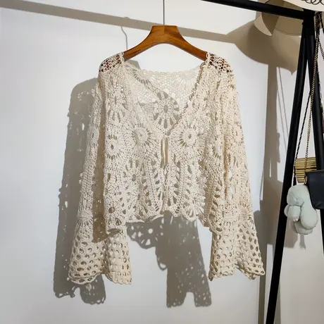 勾花镂空系带针织开衫女夏季新款波西米亚度假风长袖短款上衣罩衫图片