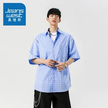 N5真维斯男士短袖衬衫2025夏季新款格子复古男生休闲宽松百搭衬衣商品大图