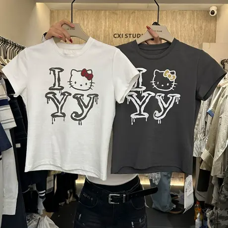 2025夏季新款短款修身显瘦字母卡通印花减龄百搭短袖T恤女上衣潮商品大图