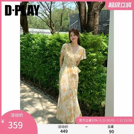 DPLAY2025年夏季新款黄色连衣裙女长款好看法式雪纺印花裙子长裙商品大图