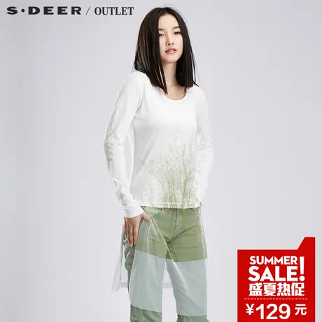 sdeer圣迪奥女装2017秋装抽象印花拼接长袖T恤打底衫S16180252图片
