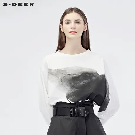 sdeer圣迪奥2019春女圆领水墨晕染开衩下摆蝙蝠袖T恤S19180212图片