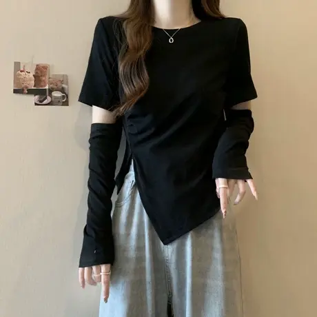 ins超火长袖T恤女春季设计感小众别致修身显瘦不规则开叉上衣服潮商品大图