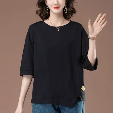 七分袖t恤女夏季新款加肥加大码女装宽松中老年妈妈纯棉中袖体恤图片
