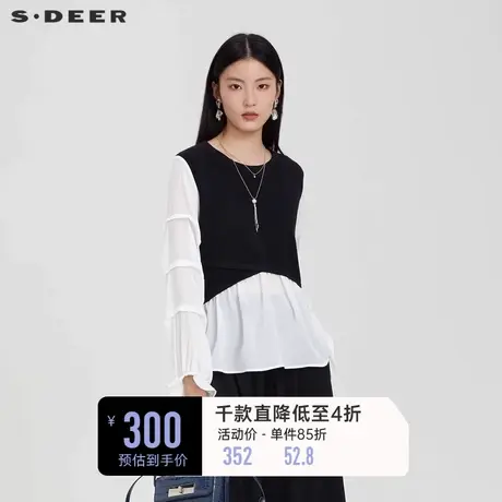sdeer圣迪奥女装罗纹圆领撞色灯笼袖针织衫S231Z3514图片