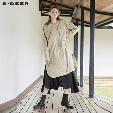 sdeer圣迪奥薄风衣素朴圆领贴袋装饰落肩袖开衩摆风衣S19161801图片