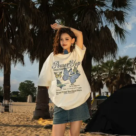 yep美式复古蝴蝶夏季纯棉短袖t恤女宽松bf设计感潮牌小众上衣爆款图片