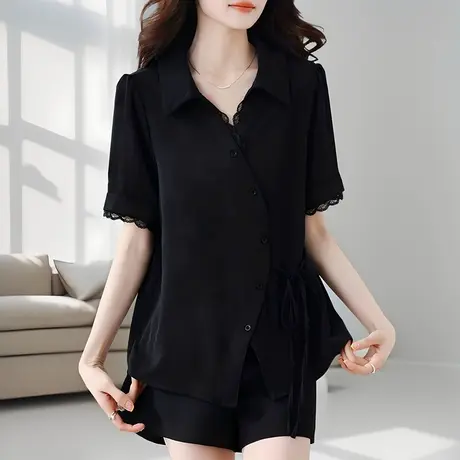 蕾丝边衬衫女高级感小衫夏季新款遮肚胖mm大码上衣短袖妈妈雪纺衫商品大图