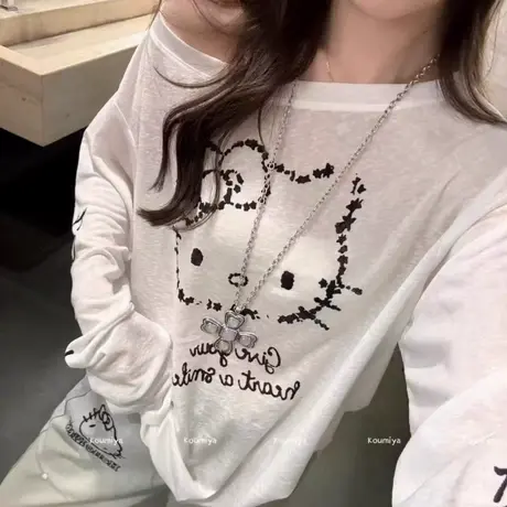 韩国东大门夏季新款卡通印花防晒长袖T恤女宽松百搭斜领露肩上衣商品大图